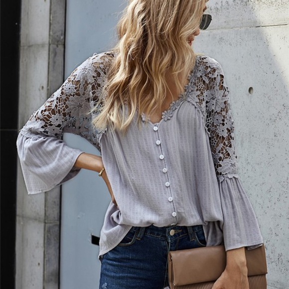 Boho Floral Crochet Button up Bell Sleeve Top - Picture 2 of 5